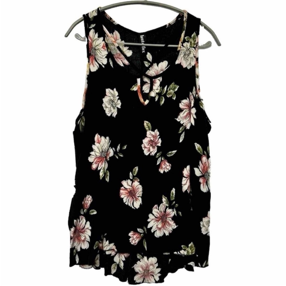 Haute Fox Black Floral Tank Top, Crisscross Keyhole Cami / Sleeveless Blouse, 3x